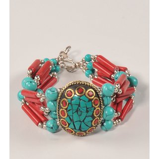 ARMBAND Steinmosaik oval, t&uuml;rkis rot, L 20cm, dm 3cm