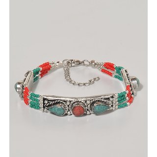 ARMBAND Steinmosaik rot t&uuml;rkis, Messing L 20cm verstellbar