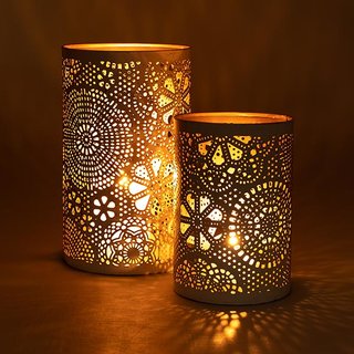 Windlicht 13x20cm BLOSSOM weis-gold, Eisenblech